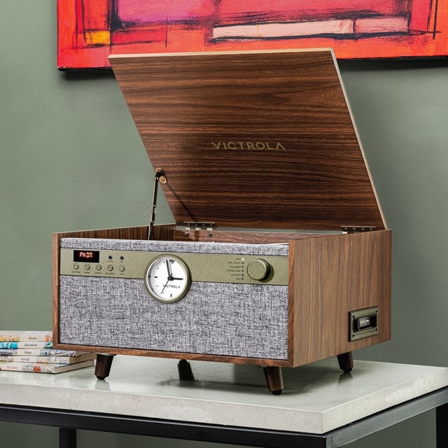 Victrola Century Walnut Bluetooth Turntable with Clock, CD & Cassette - 15