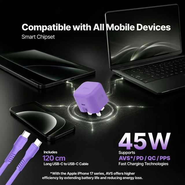 Ttec SmartCharger Pro Neon Purple 45W Wall Plug and USB-C Cable Pack - 2