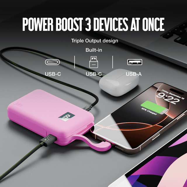 Juice 3 Charges Pink 12000mAh Power Bank with Integrated Cable - 3