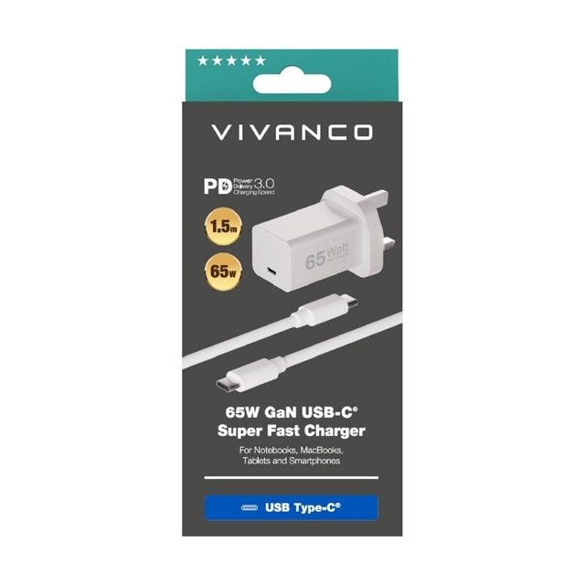 Vivanco PD 3.0 Super Fast 65W GaN USB-C Plug with USB-C Cable - 1