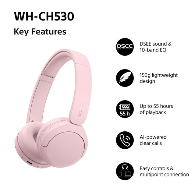 Sony WH-CH530 Pink Bluetooth Headphones - 7