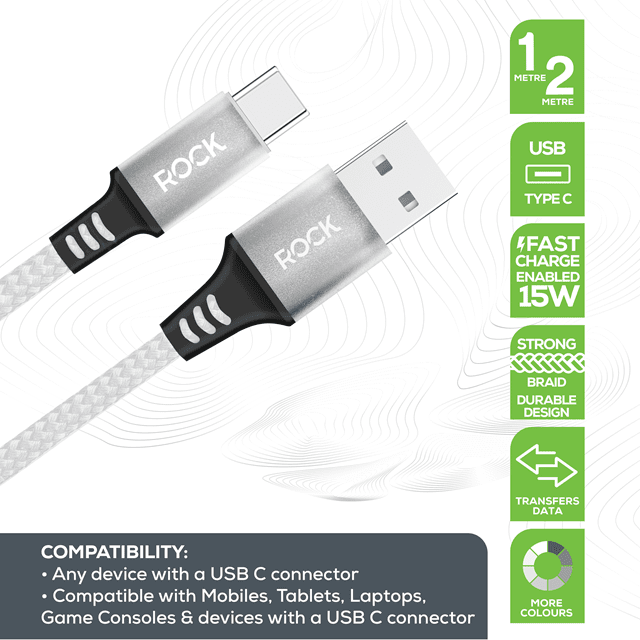 Rock White Braided USB-C Cable 1M - 2