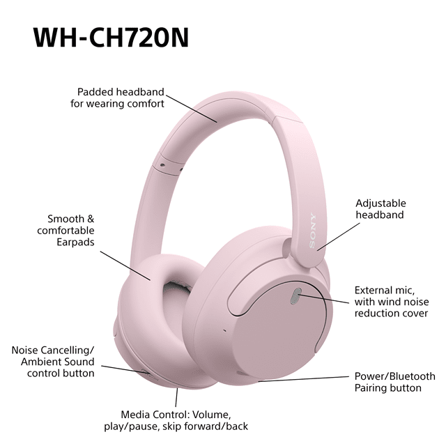 Sony WH-CH720N Pink Noise Cancelling Bluetooth Headphones - 5