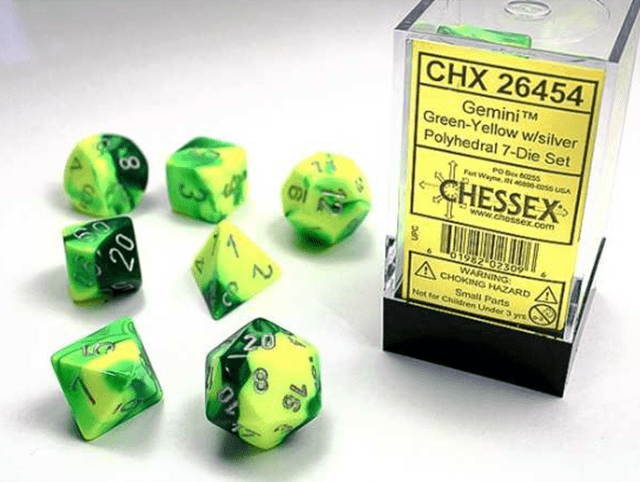 Green/Yellow And Silver (Set Of 7) Chessex Dice - 1