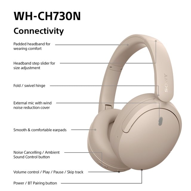 Sony WH-CH730N Cream Noise Cancelling Bluetooth Headphones - 8