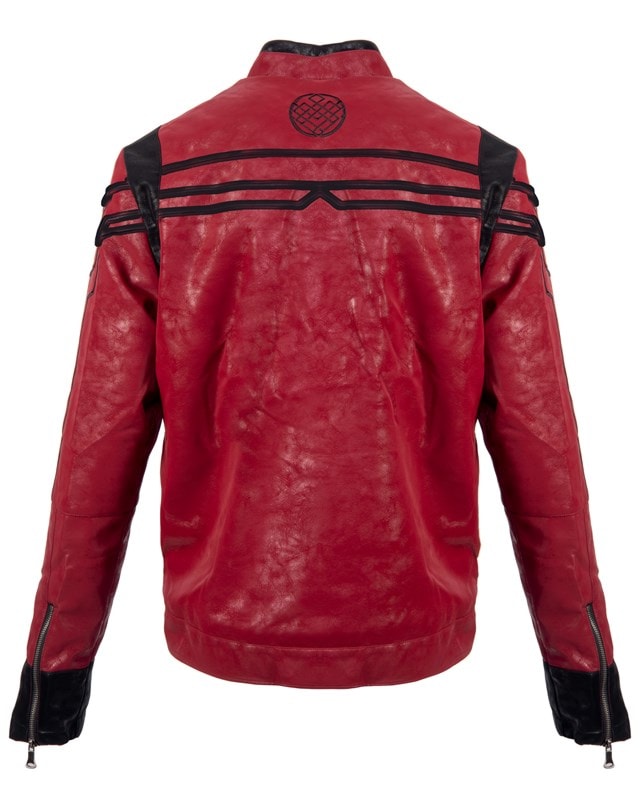 red faux leather jacket