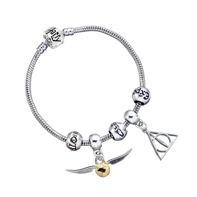 Silver Plated Bracelet With Deathly Hallows, Golden Snitch, 3 Spell Bead Charms Charm Set - 1