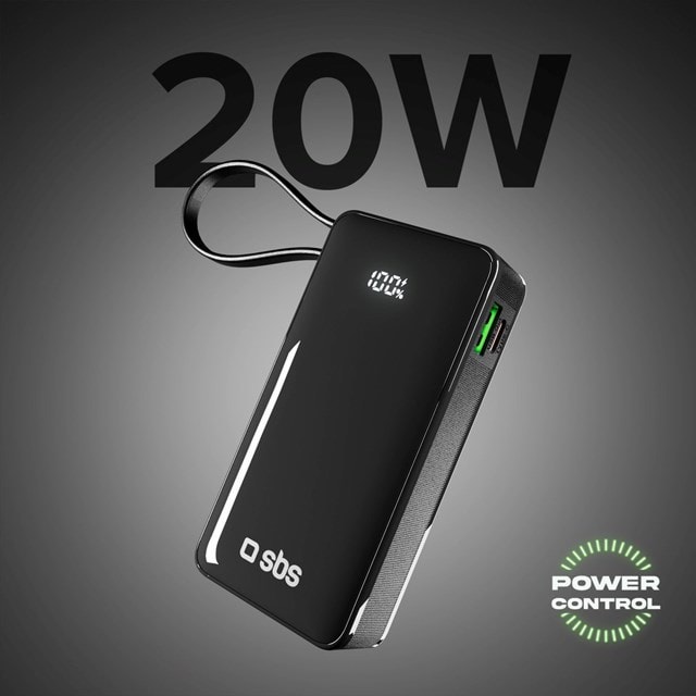 SBS 20W Black 10000mAh Power Bank with LCD display & Integrated USB-C Cable - 2