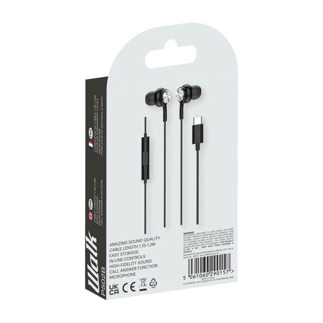 Walk Audio P502B Black USB-C Earphones W/Mic - 4