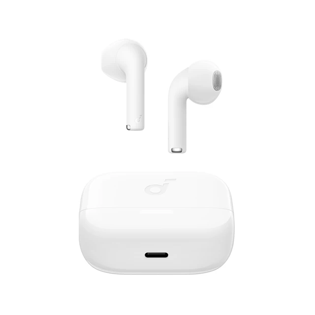 Soundcore k20i bele brezžične ušesne slušalke sprednji pogled z etuijem
