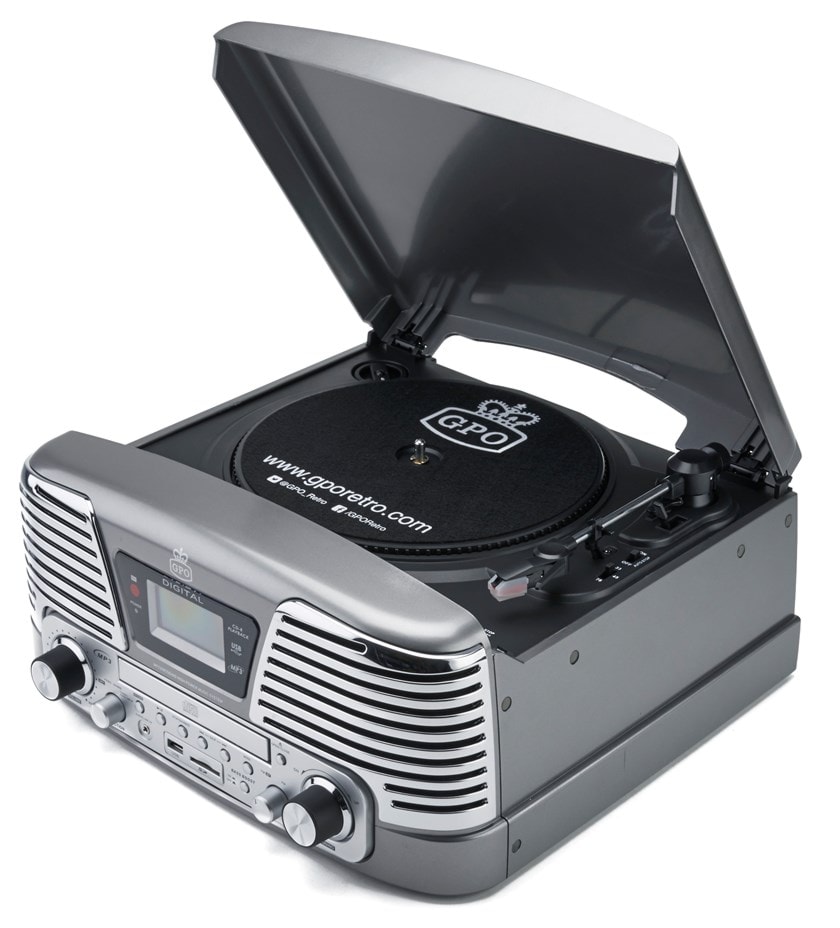 GPO Memphis Turntable 4 in 1 Silver Radio, CD & Vinyl Record Player