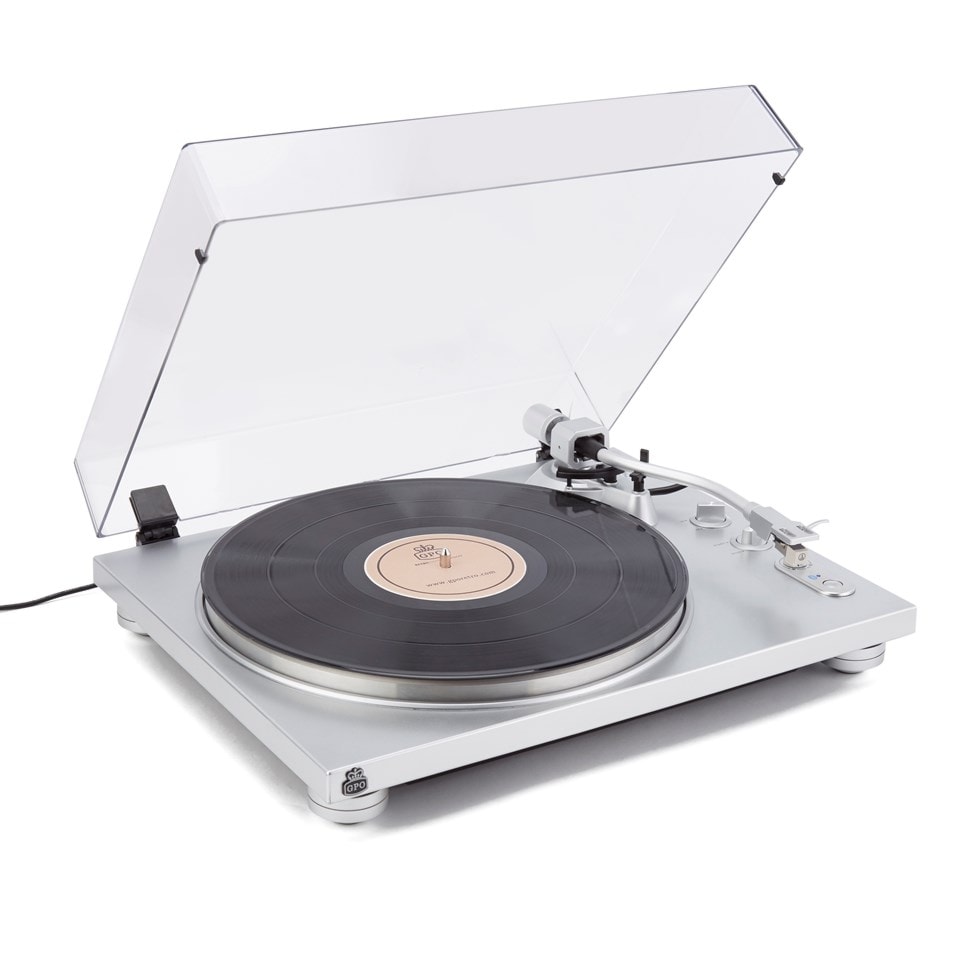 GPO PR100 Silver Turntable With PR200 CD Player and Speakers